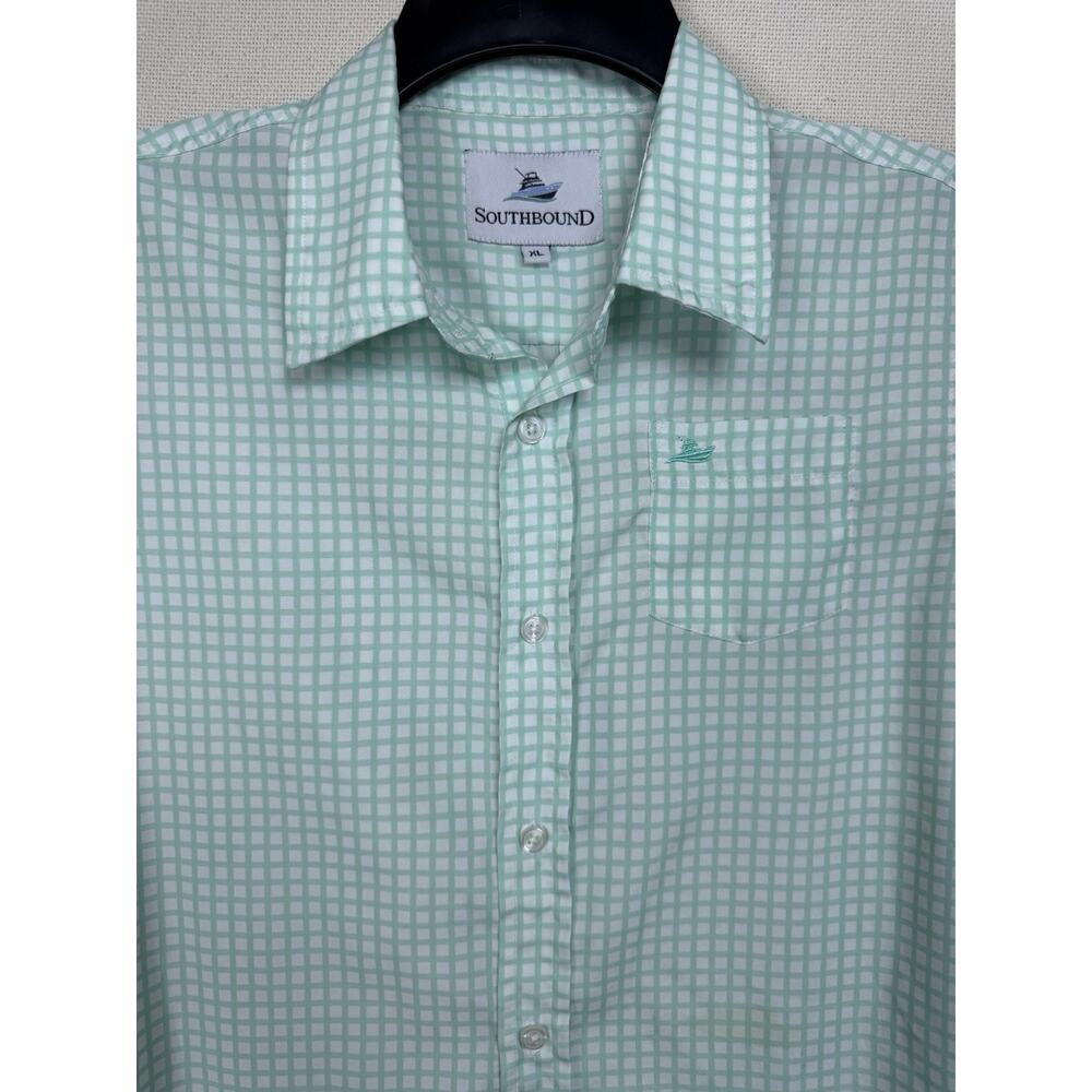 Southbound Boy's Button Up Shirt Short Sleeve Sz XL 14 Green white Checked - Picture 2 of 9